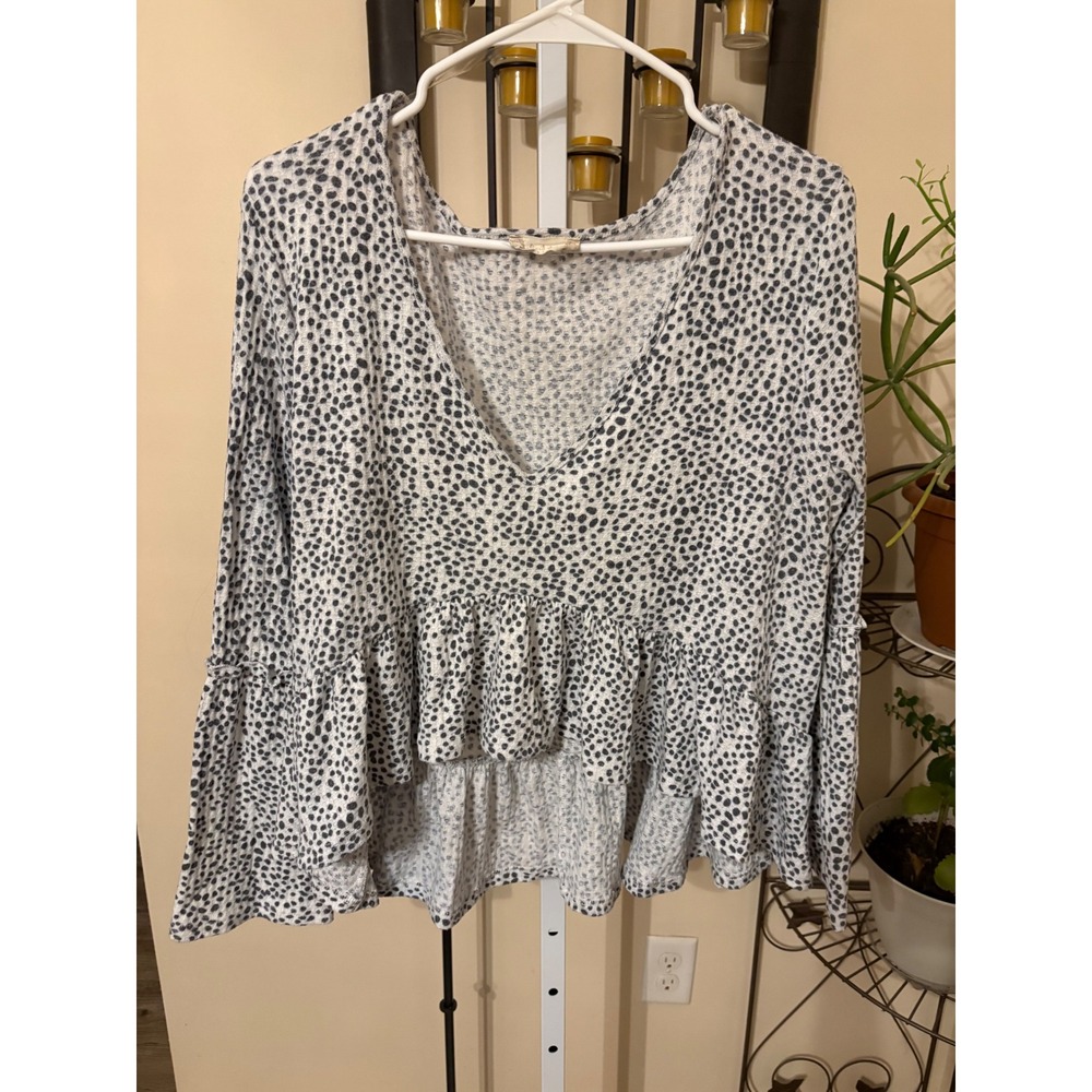 Altar'd State Animal Print Waffle Knit Peplum Top V-Neck Bell Sleeve Grey Large